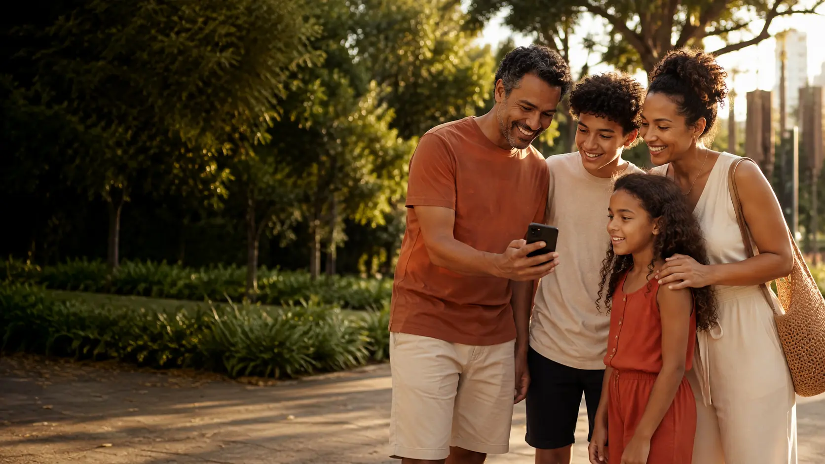 Família reunida ao ar livre usando o celular