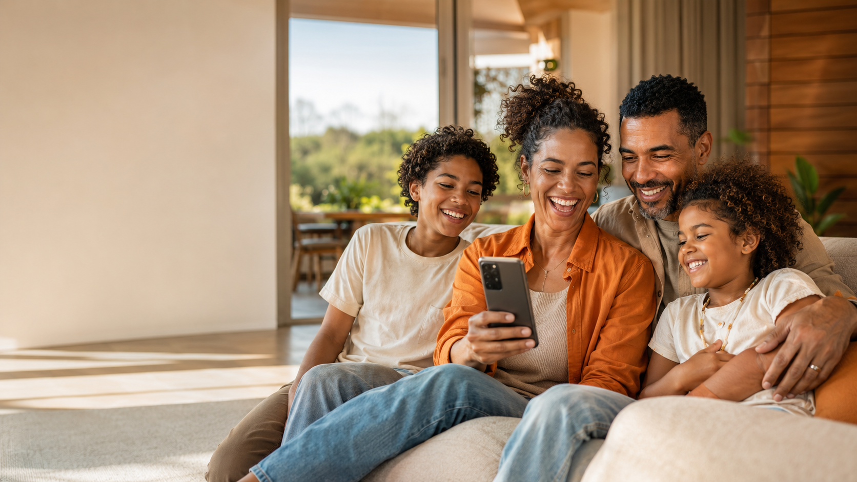 Família reunida e conectada pelo celular em casa